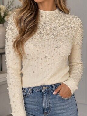 Marciano By Guess Cream Pearl-Embellished Ribbed Sweater